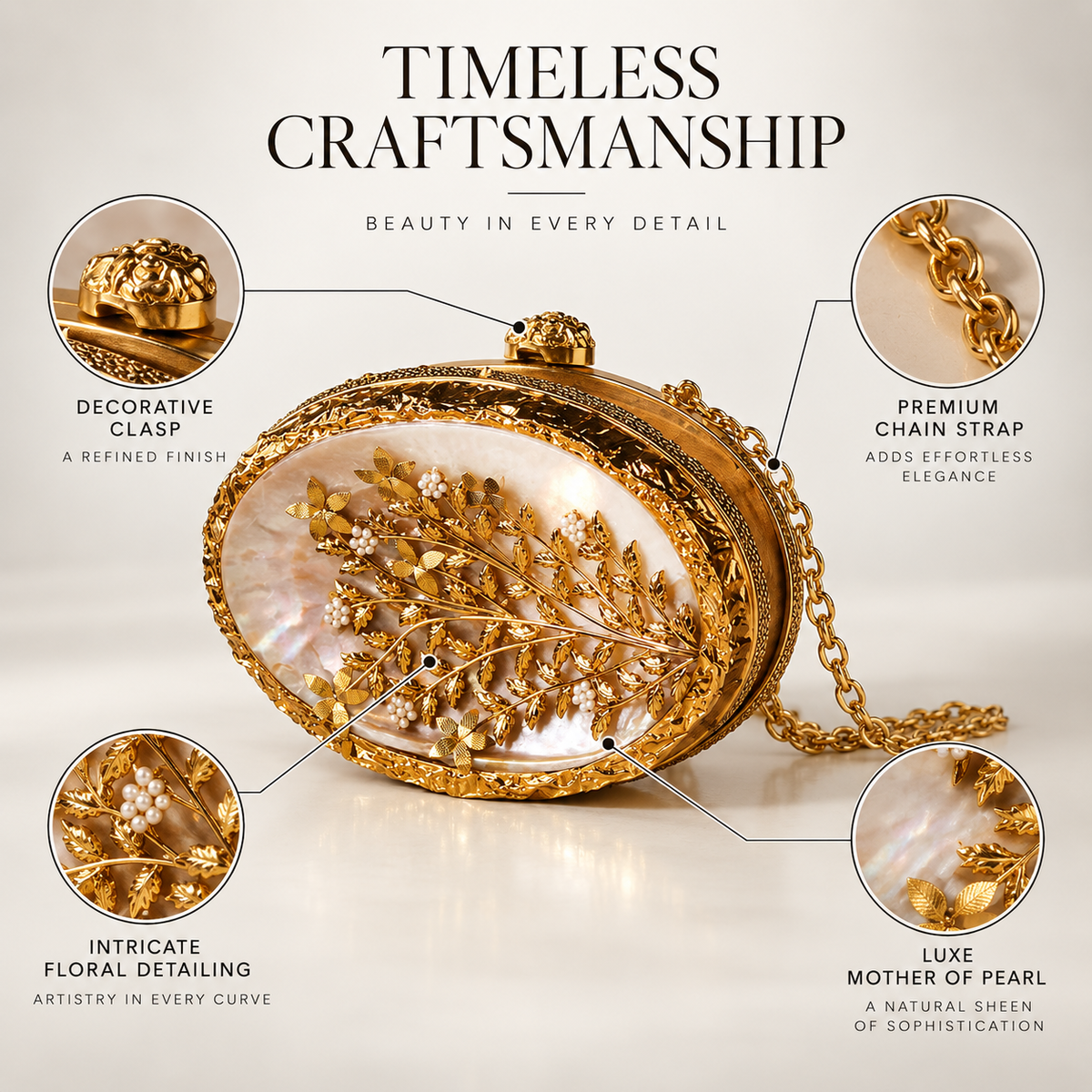 Noor golden brass clutch with mother of pearl detailing by The Tan Clan, showcasing its elegant, compact design and intricate surface.