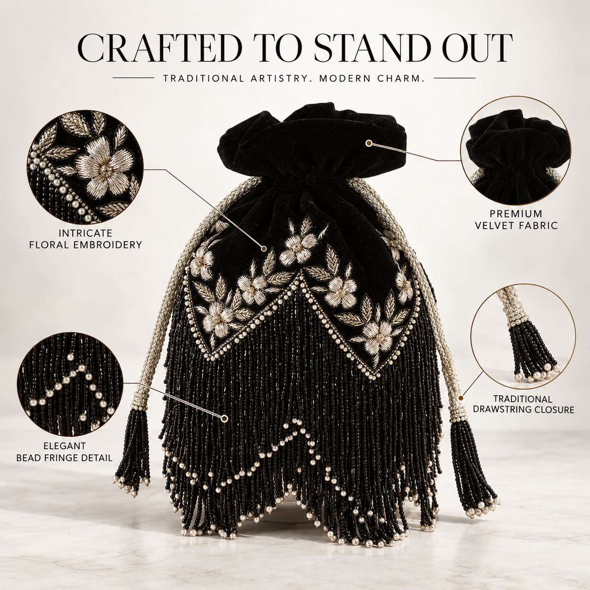 Keisha Black Tassle Potli with Handle DBP