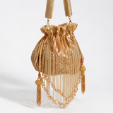 THE TAN CLAN Twinkle Heavy Tassles Potli with Handle - Gold DBP