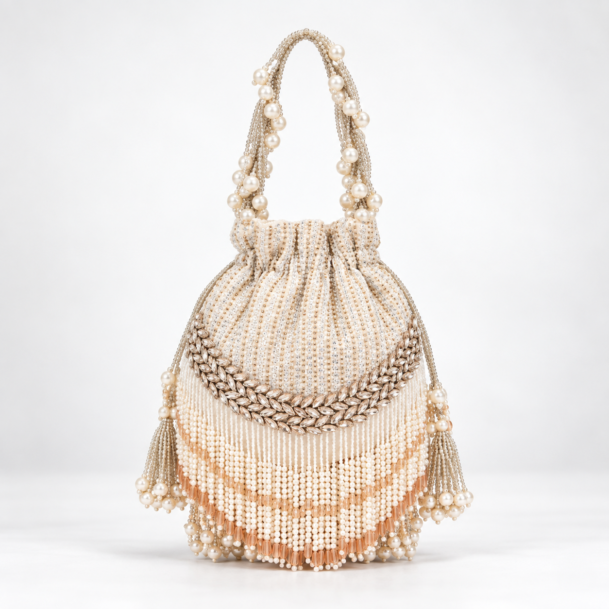 Tan Clan Jalsa Potli Bag with handle, traditional embroidered fabric with decorative tassels, perfect for festive occasions