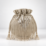 THE TAN CLAN Twinkle Heavy Tassles Potli with Handle - Silver DBP