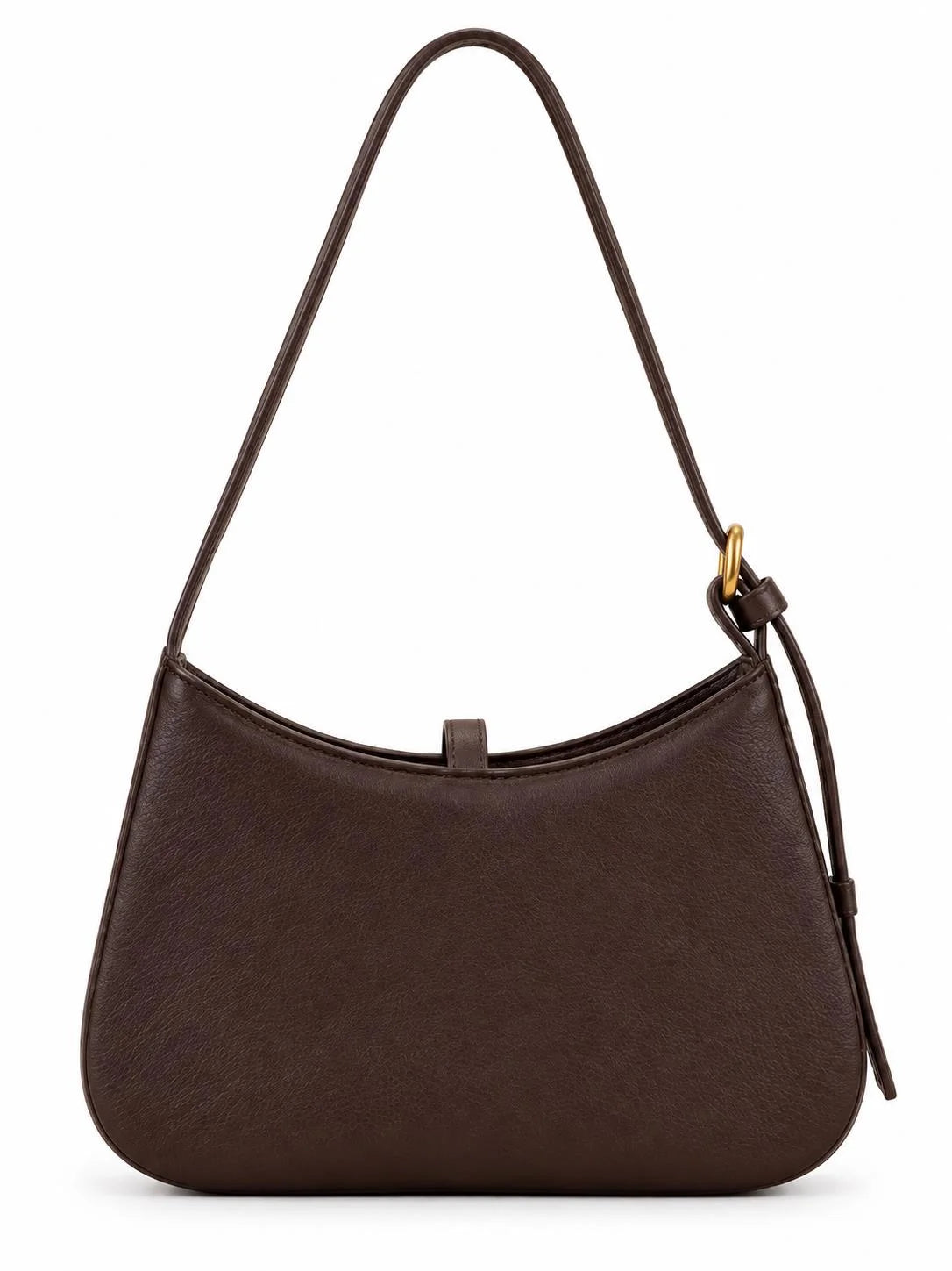 Chocolate brown textured leather shoulder bag with adjustable strap from THE TAN CLAN featuring a crescent shape and elegant design.