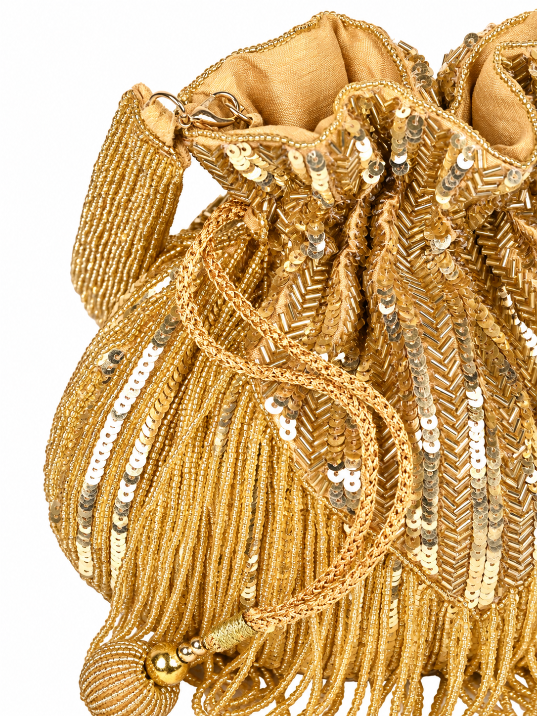 THE TAN CLAN Twinkle Heavy Tassles Potli with Handle - Gold