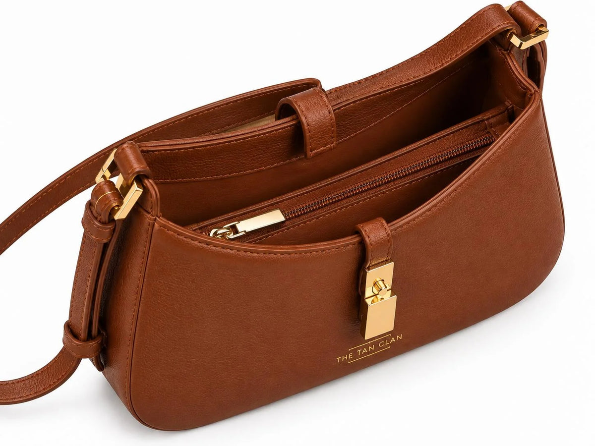 Dune Tan Textured Baguette Shoulder Bag with Adjustable Strap