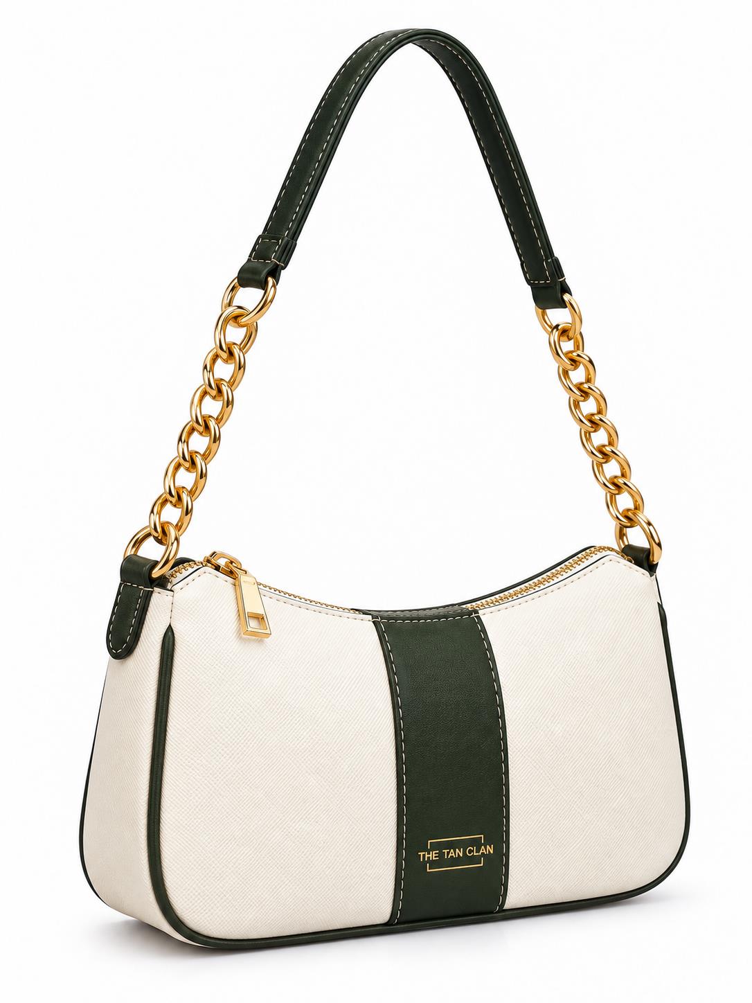 Elle Ivory Green Colorblock Chain Strap Shoulder Bag
