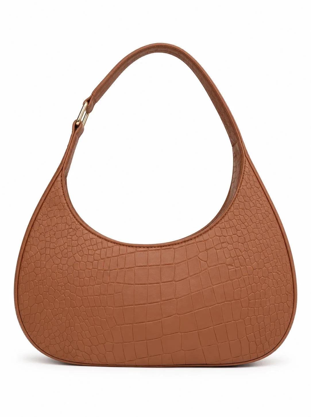 Brown croc-embossed leather shoulder bag with a crescent shape, stylishly crafted by THE TAN CLAN.