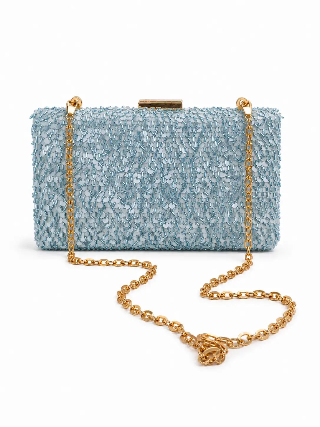 Blue sequined sleek clutch bag by The Tan Clan, featuring shimmering embellishments and a compact design for evening use.