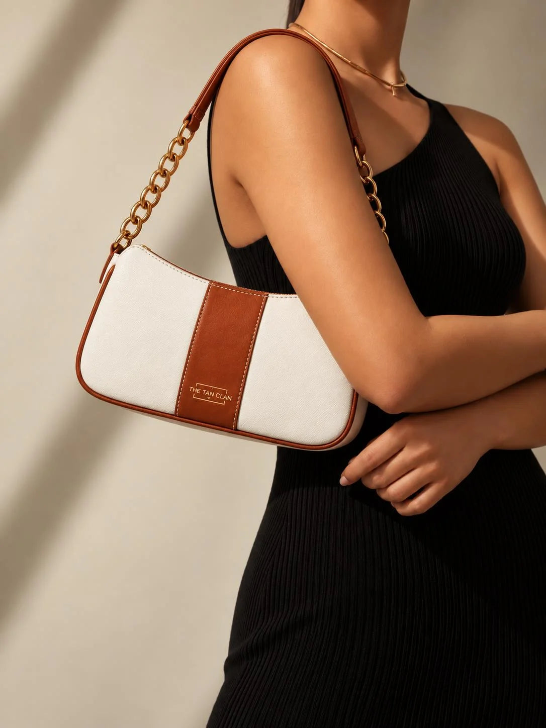 Elle Brown Colorblock Chain Strap Shoulder Bag