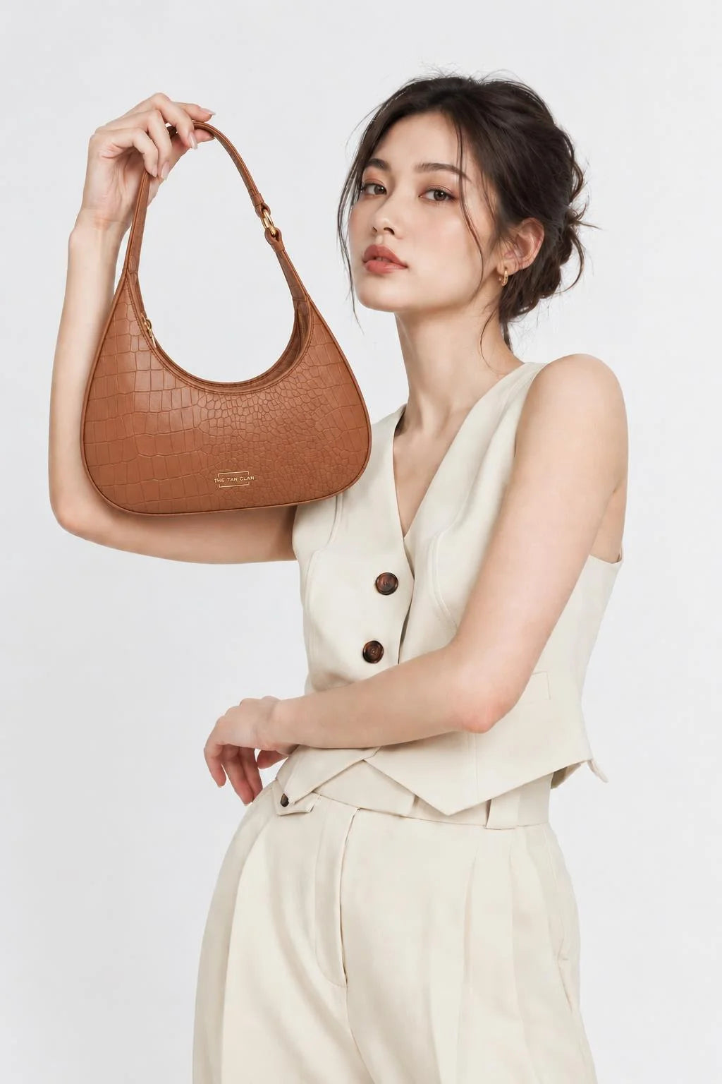 Blair Brown Croc Textured Shoulder Bag