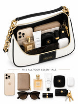 Elle black colorblock chain strap shoulder bag with compact design, showcasing its sleek style and stylish details.