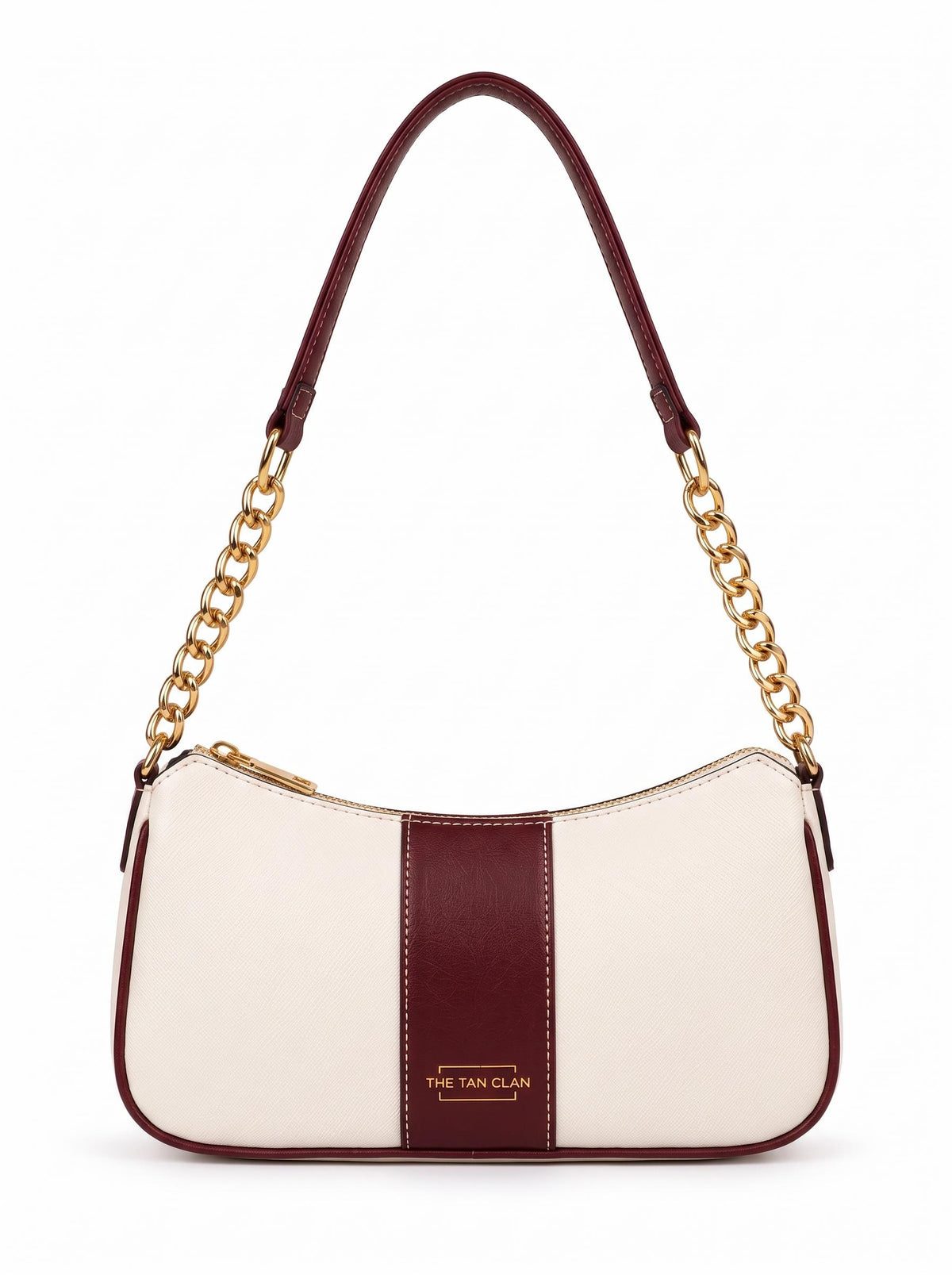 Elle Burgundy colorblock chain strap shoulder bag by THE TAN CLAN, featuring a stylish design with chain detailing and colorblock accents.