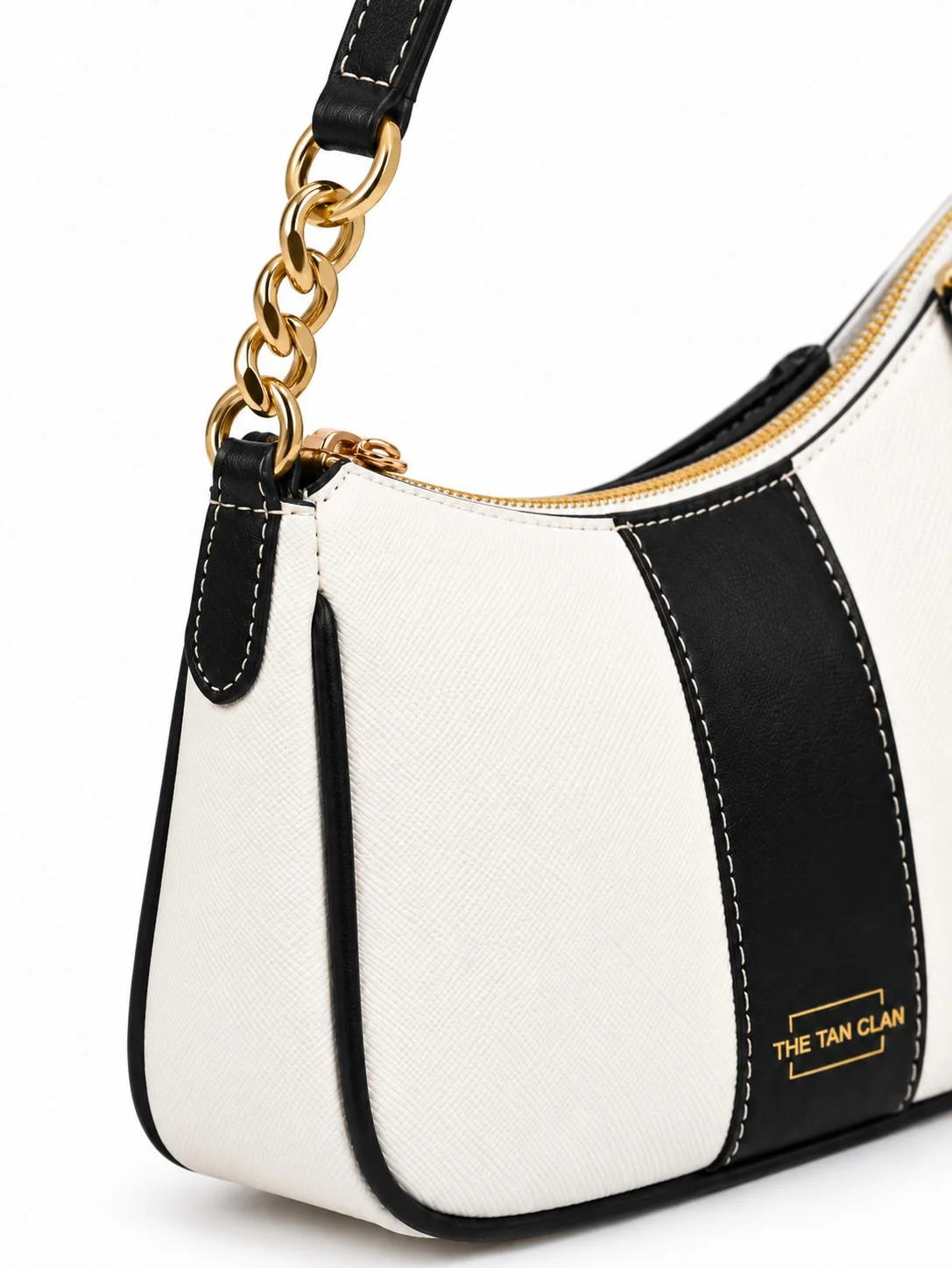 Elle black colorblock chain strap shoulder bag with gold chain detail and logo from THE TAN CLAN.