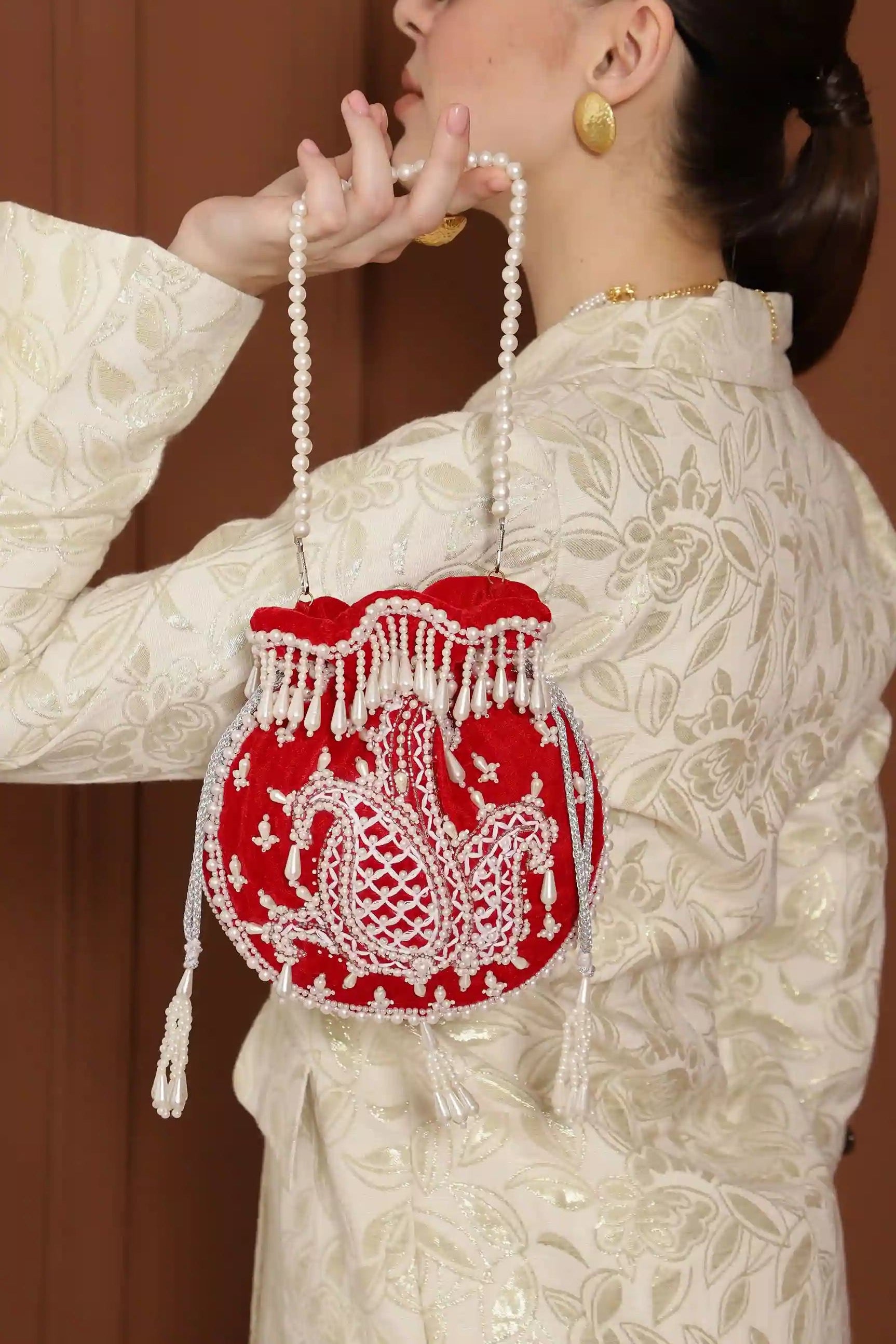 Sukoon Hand Embroidered Potli with Pearl Handle - Red