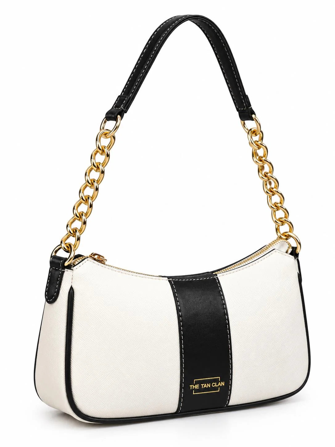 Elle black colorblock chain strap shoulder bag with ivory and black trim, stylish accessory from THE TAN CLAN.