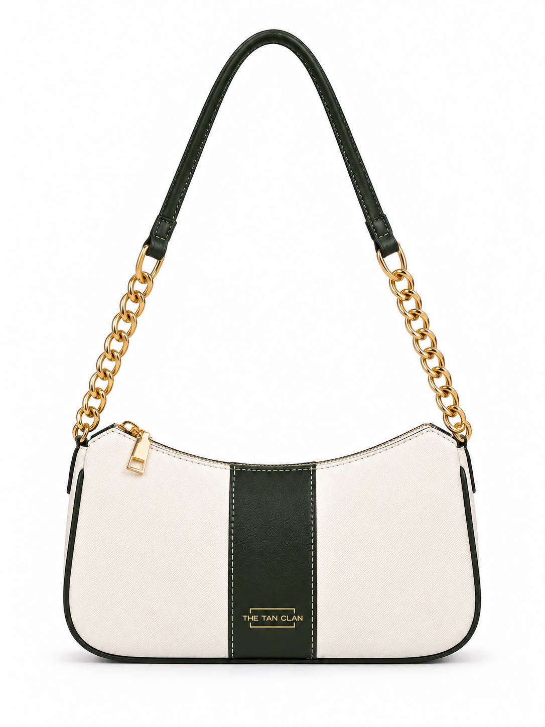 Elle Ivory Green Colorblock Chain Strap Shoulder Bag