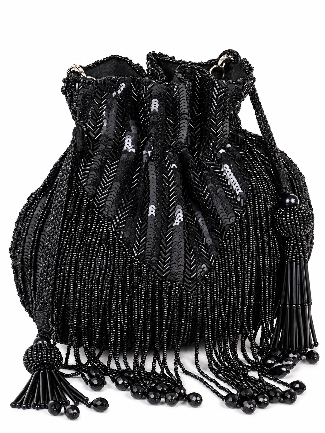 THE TAN CLAN Twinkle Heavy Tassles Potli with Handle - Black