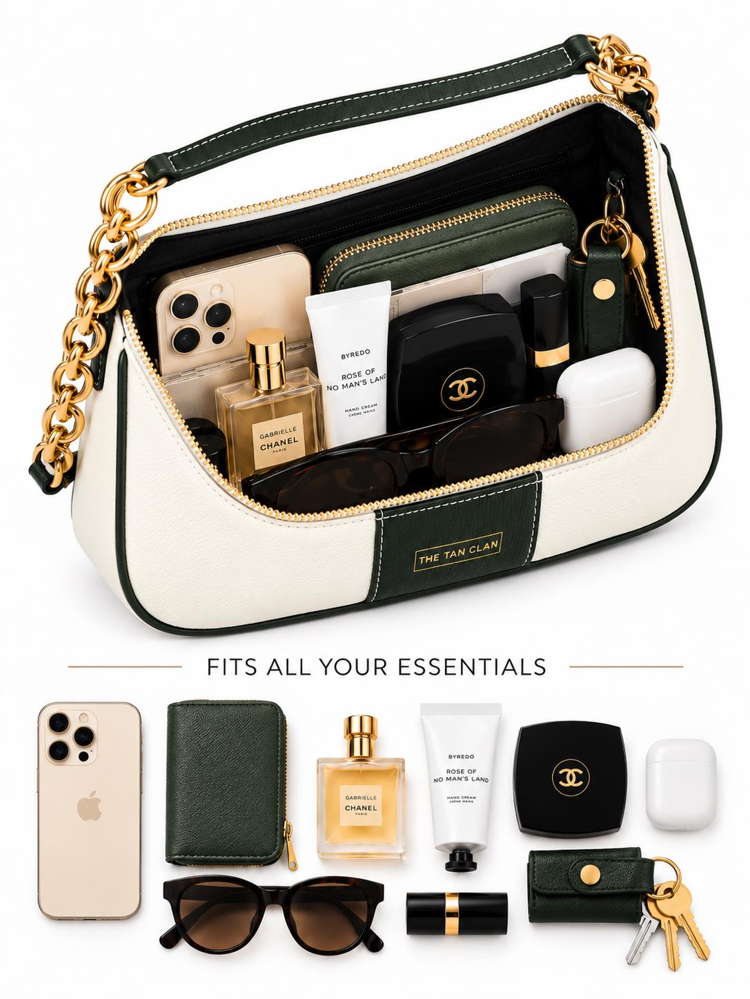 Elle Ivory Green Colorblock Chain Strap Shoulder Bag