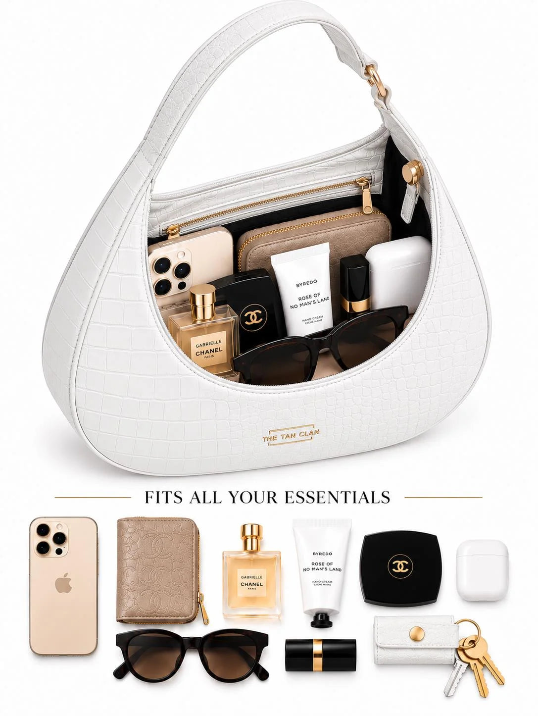 White croc textured shoulder bag by THE TAN CLAN, featuring a stylish design and spacious interior for everyday use.