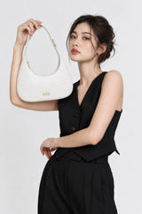 White crocodile textured Blair shoulder bag by THE TAN CLAN, minimalist style with a sleek, structured design and elegant shoulder strap.