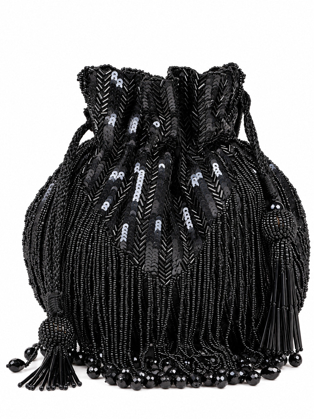 THE TAN CLAN Twinkle Heavy Tassles Potli with Handle - Black
