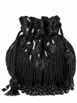 THE TAN CLAN Twinkle Heavy Tassles Potli with Handle - Black