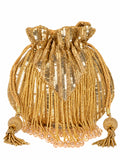 THE TAN CLAN Twinkle Heavy Tassles Potli with Handle - Gold