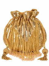 THE TAN CLAN Twinkle Heavy Tassles Potli with Handle - Gold