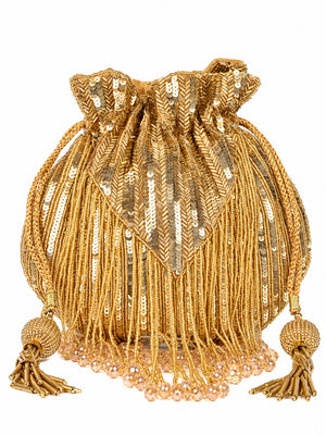 THE TAN CLAN Twinkle Heavy Tassles Potli with Handle - Gold