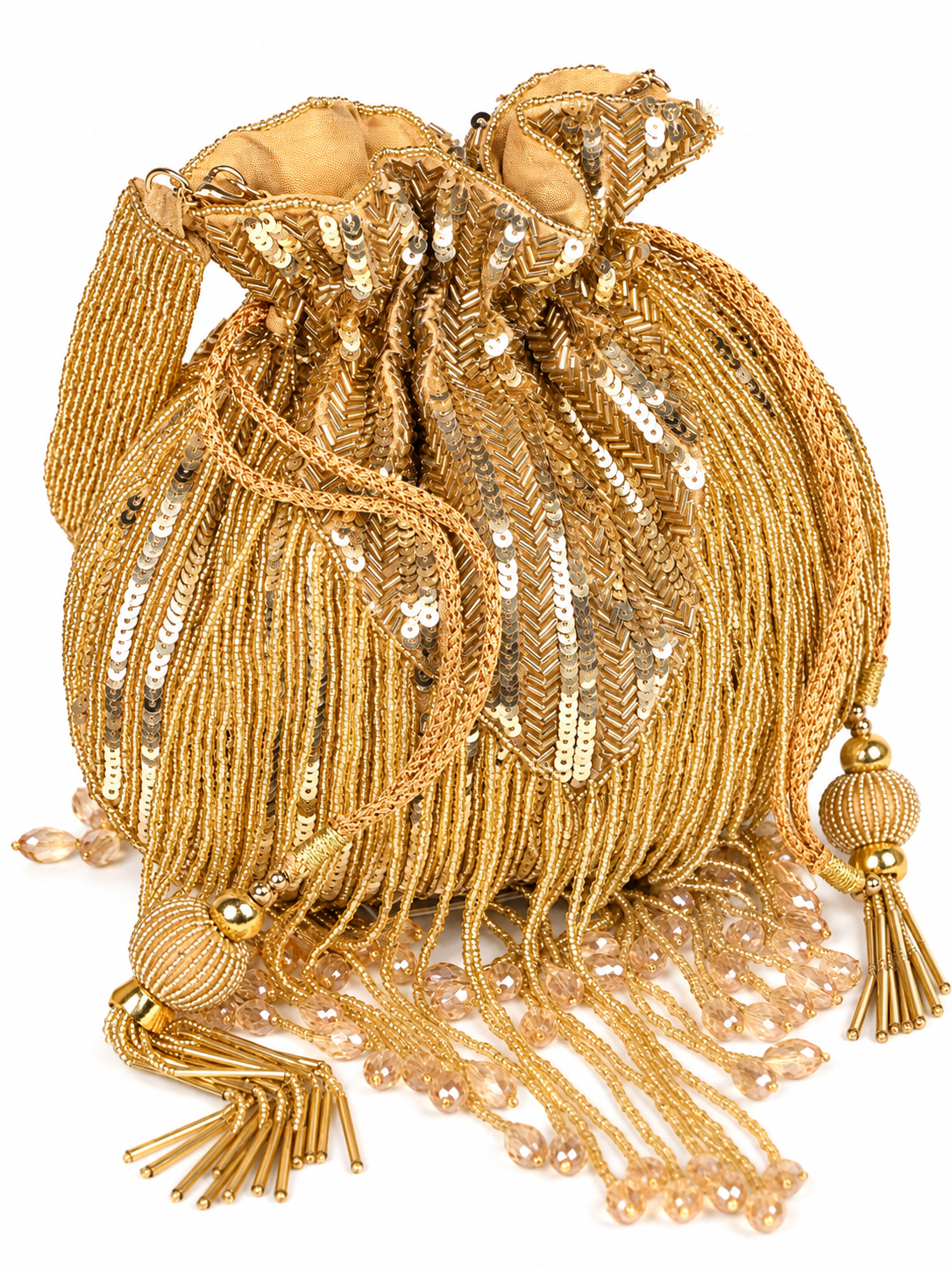 THE TAN CLAN Twinkle Heavy Tassles Potli with Handle - Gold