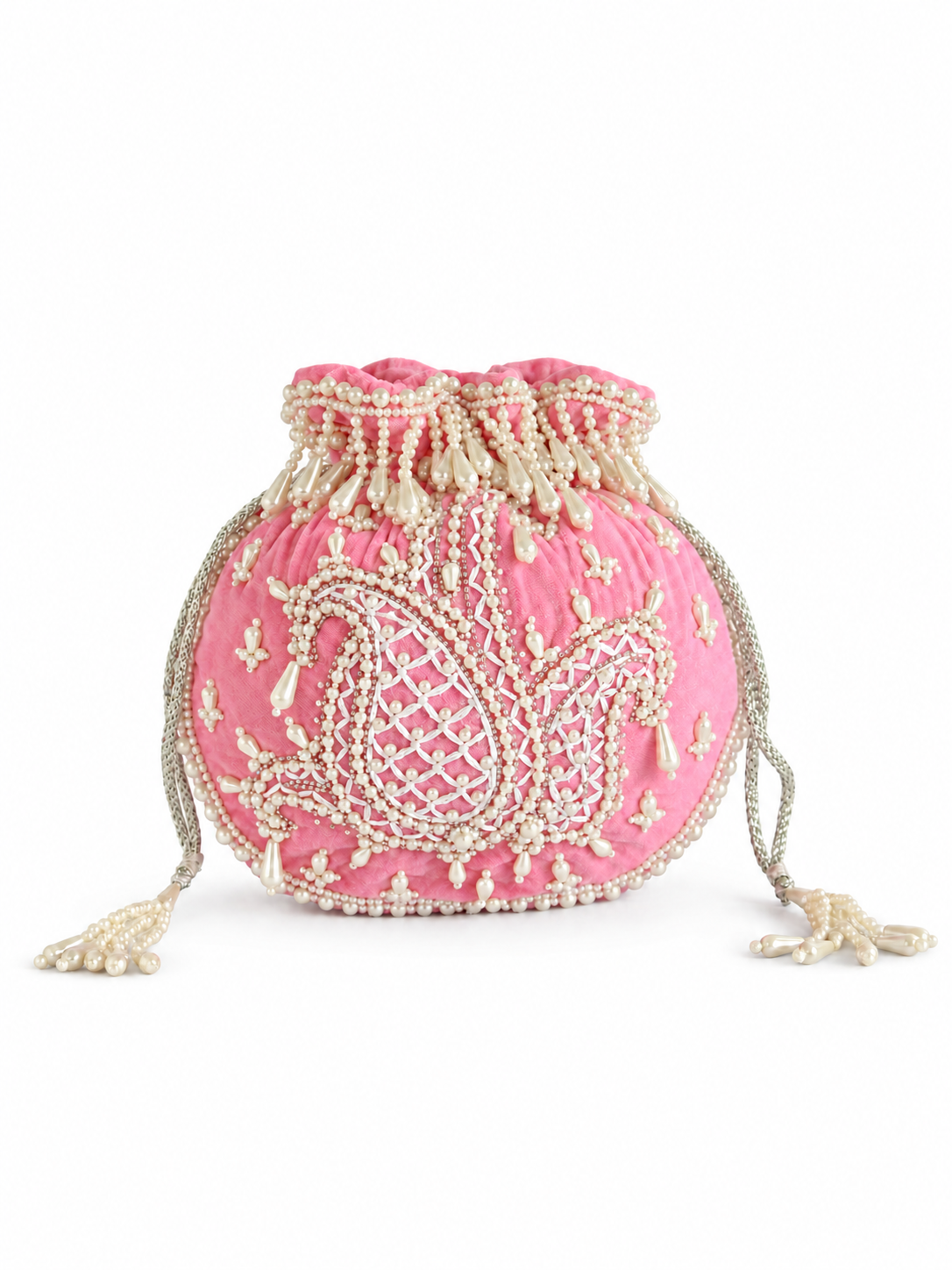 Sukoon Hand Embroidered Potli with Pearl Handle - Pink
