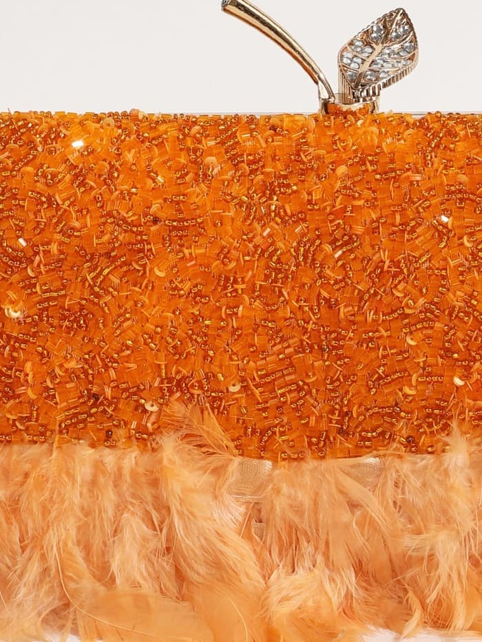 Daina Peach Hand Embroidered Feather Clutch