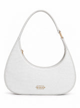 White crocodile-textured shoulder bag by THE TAN CLAN with sleek design and silver hardware, perfect for stylish everyday use.