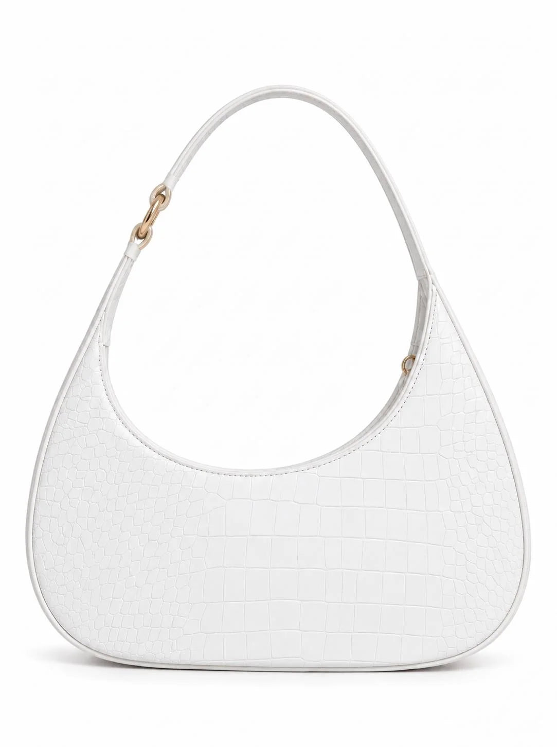 White croc-textured shoulder bag from THE TAN CLAN featuring a hobo style and embossed croc pattern.
