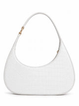 White croc-textured shoulder bag from THE TAN CLAN featuring a hobo style and embossed croc pattern.