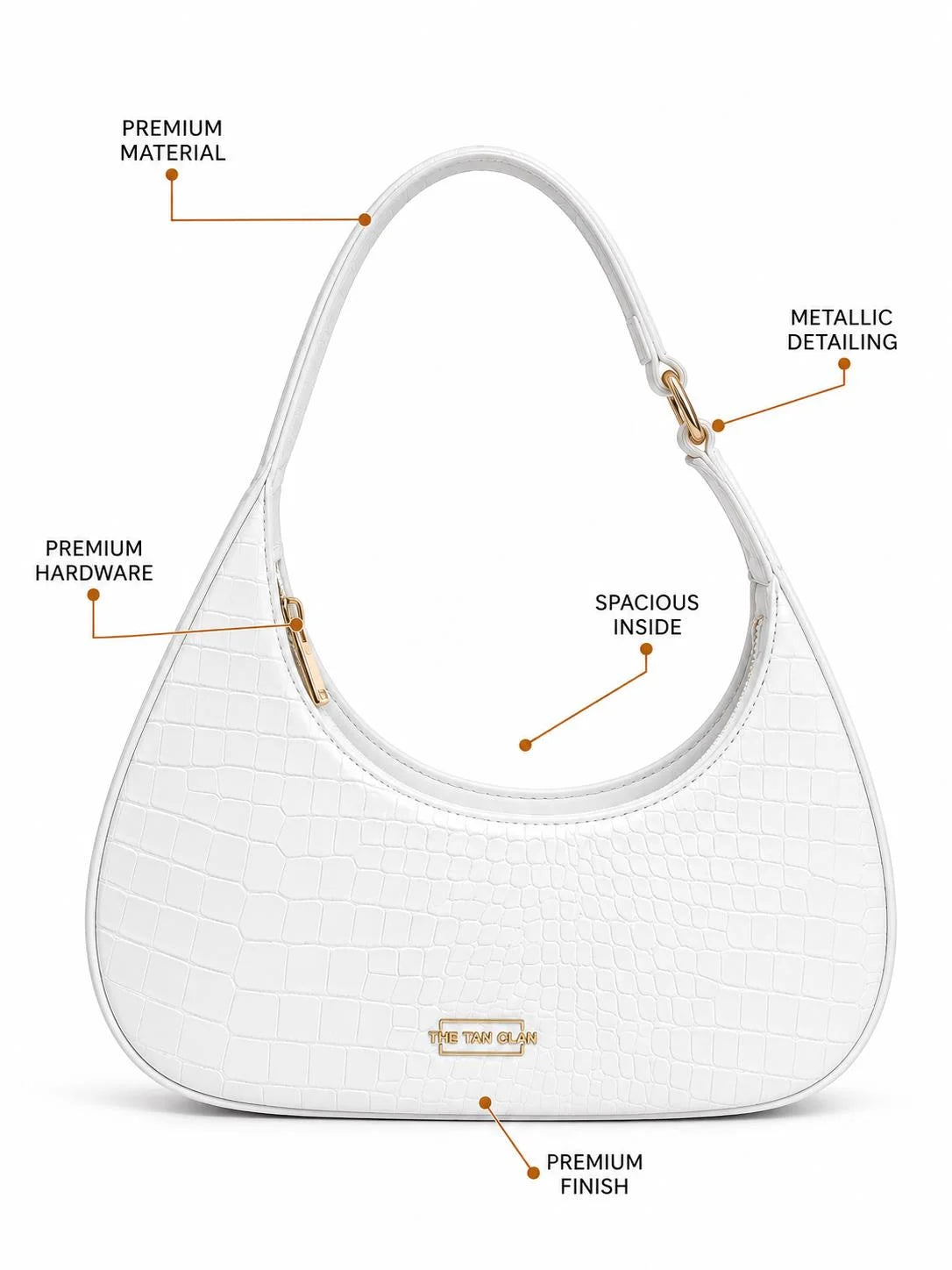 White croc-textured shoulder bag by THE TAN CLAN with a sleek design and structured shape, perfect for stylish everyday use.