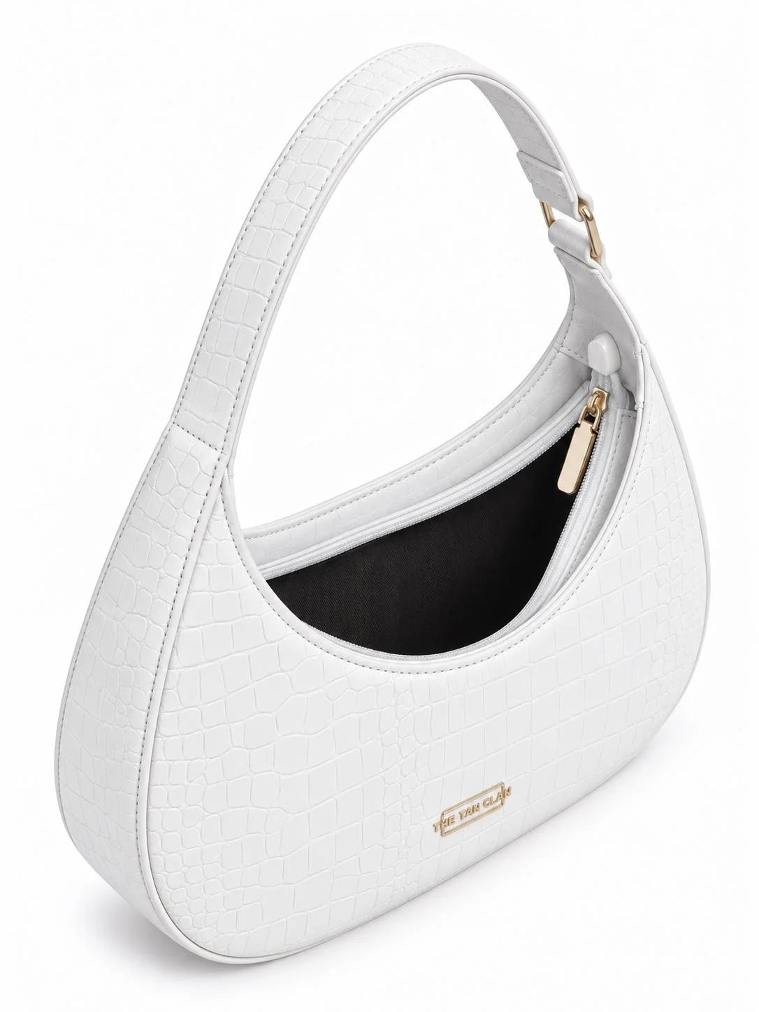 White crocodile-textured Blair shoulder bag by THE TAN CLAN, featuring a crescent shape and stylish leather design.
