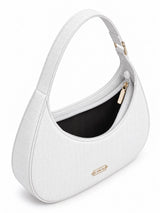 White crocodile-textured Blair shoulder bag by THE TAN CLAN, featuring a crescent shape and stylish leather design.