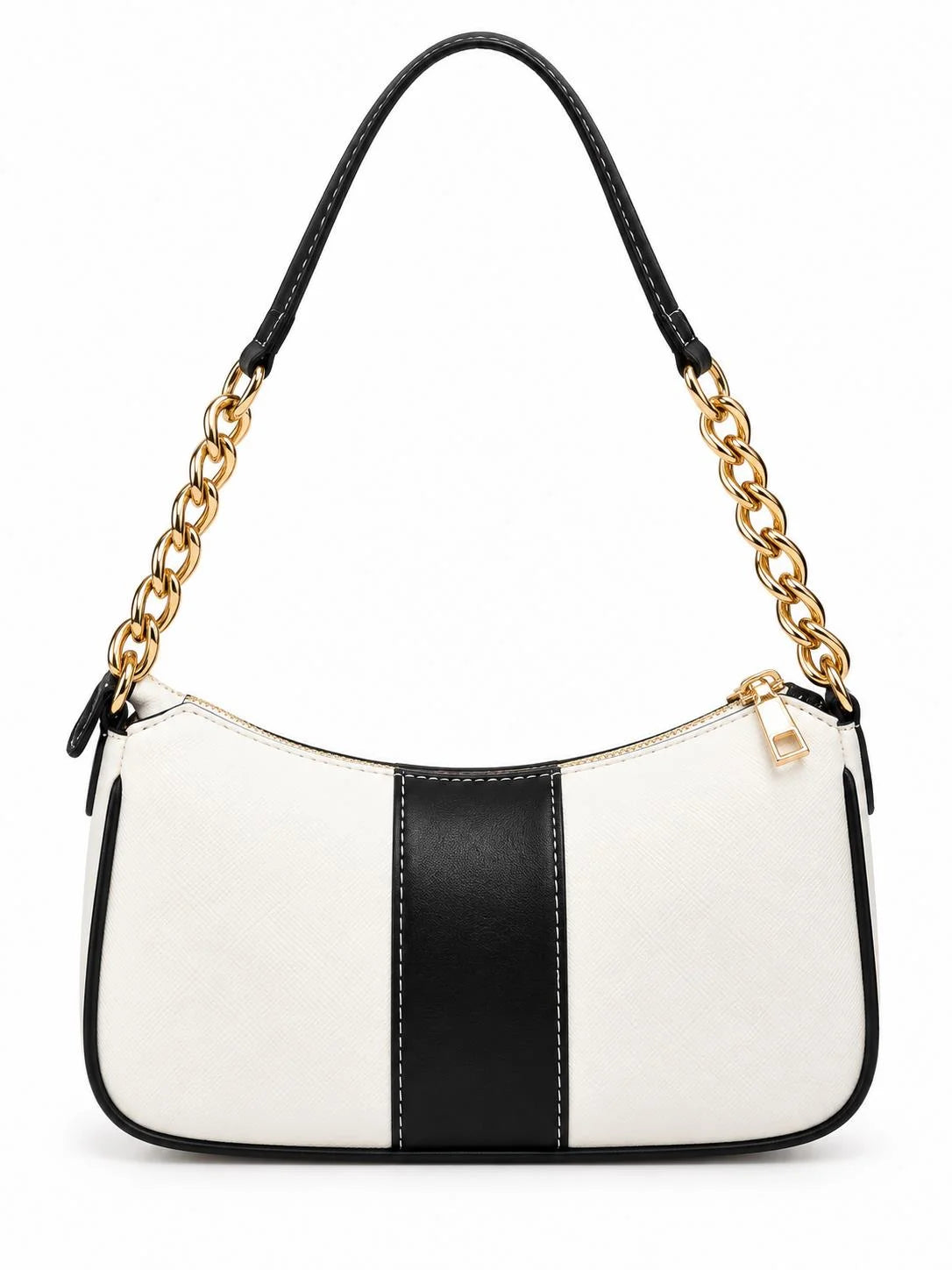White and black crescent-shaped shoulder bag with chain strap from THE TAN CLAN, stylish colorblock Elle Black shoulder bag from the back view.