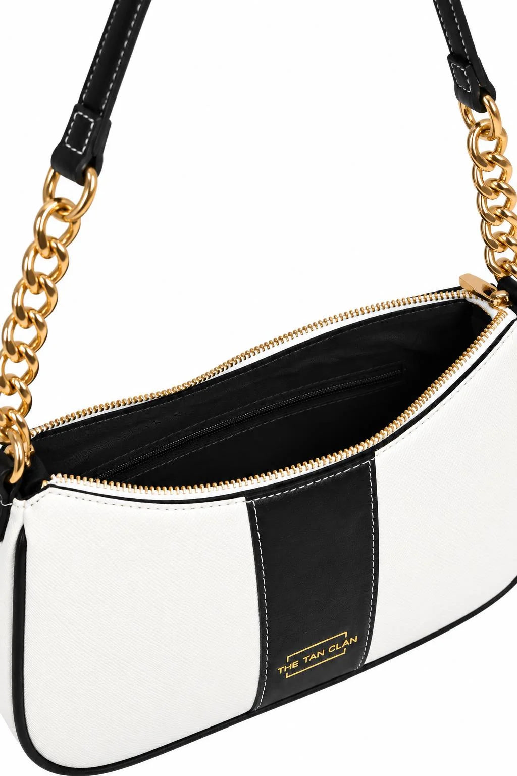 Elle black colorblock chain strap shoulder bag with white and gold open-top handle design by THE TAN CLAN.