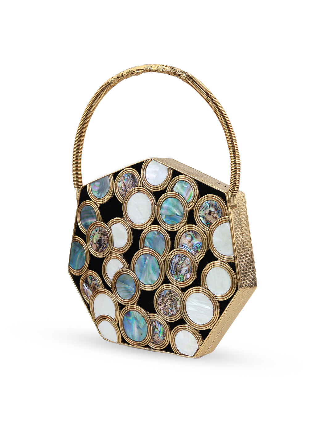 Alira brass clutch with handle from The Tan Clan, featuring a sleek design and metallic finish, perfect for elegant occasions.