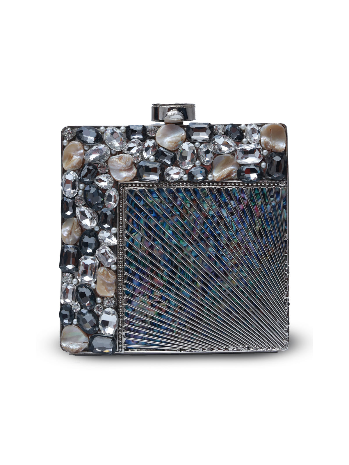 Aqua embellished brass clutch bag with intricate design and decorative accents, stylish accessory for evening occasions.