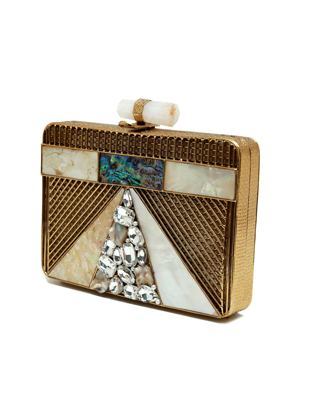 Dina brass clutch by The Tan Clan featuring a sleek, minimalist design with a metallic finish and compact size.