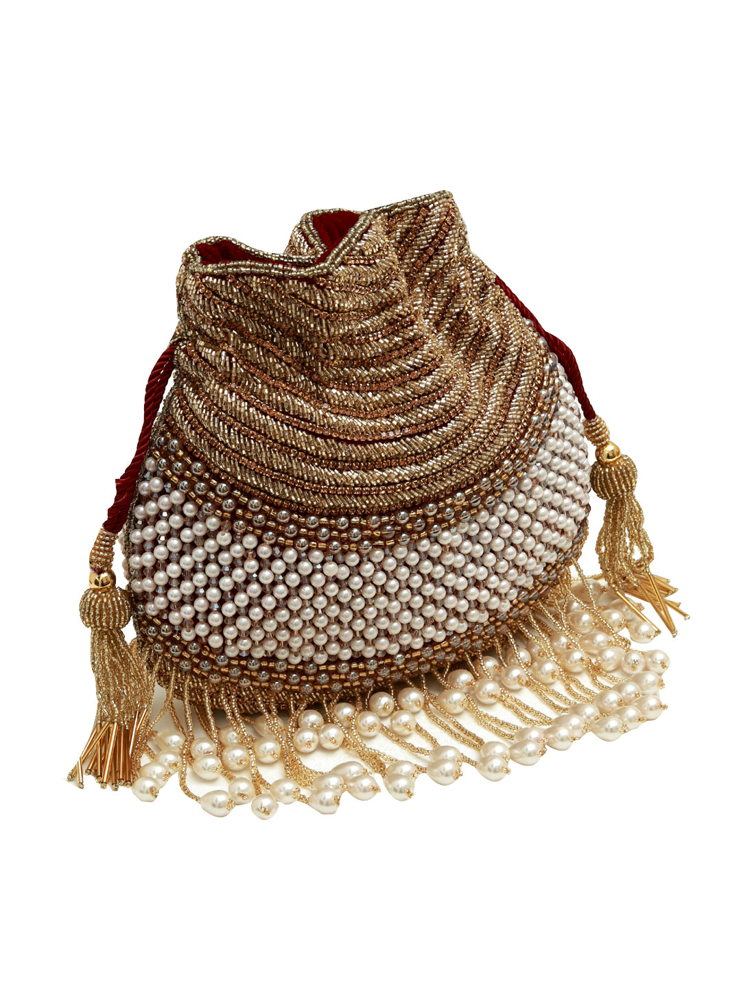 Dua Pearl Potli Bag from The Tan Clan featuring intricate pearl embroidery and traditional drawstring closure for elegant occasions.