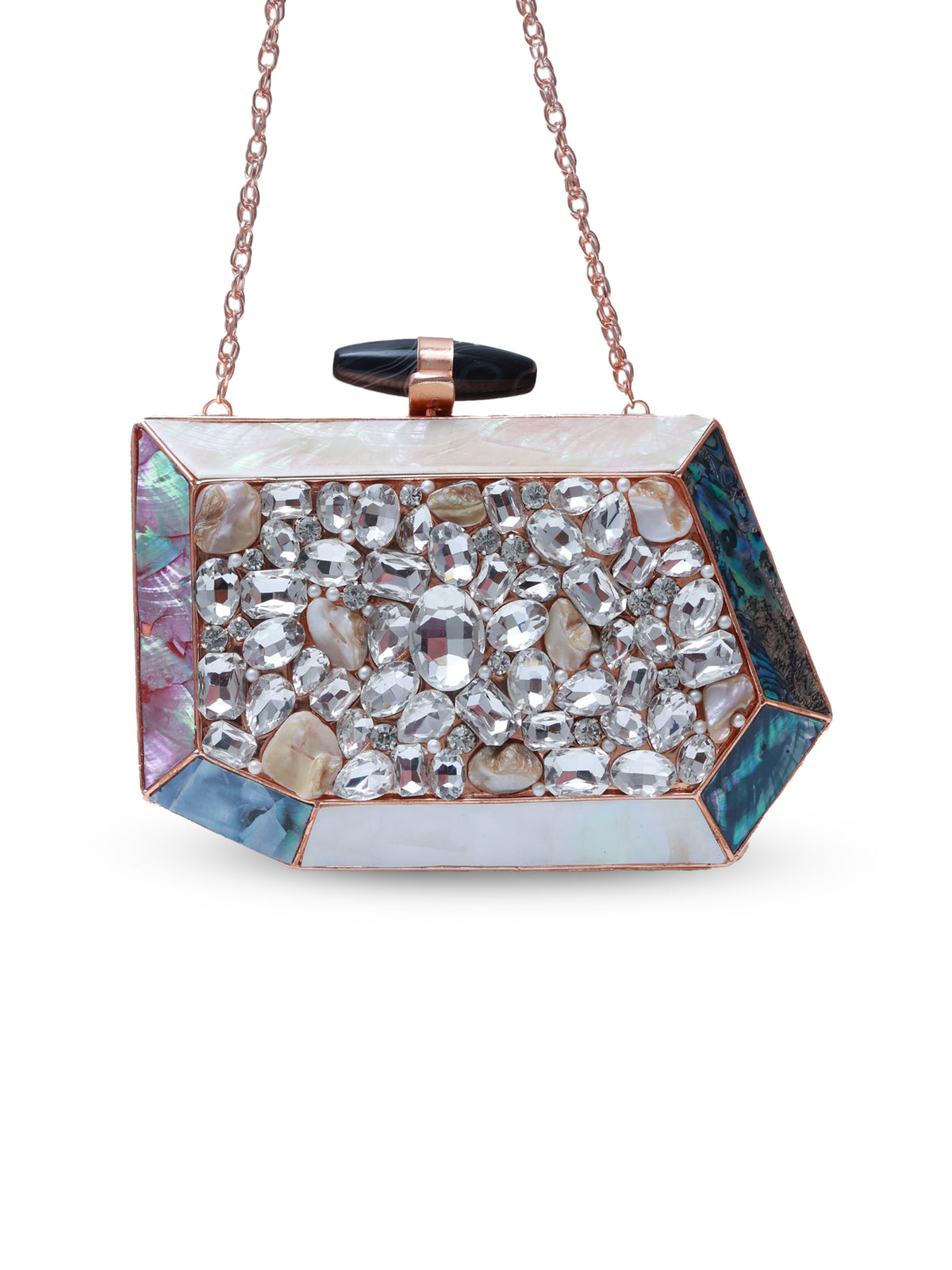 Hannah embellished mother of pearl clutch bag by The Tan Clan, featuring intricate pearl detailing and a sleek, elegant design.