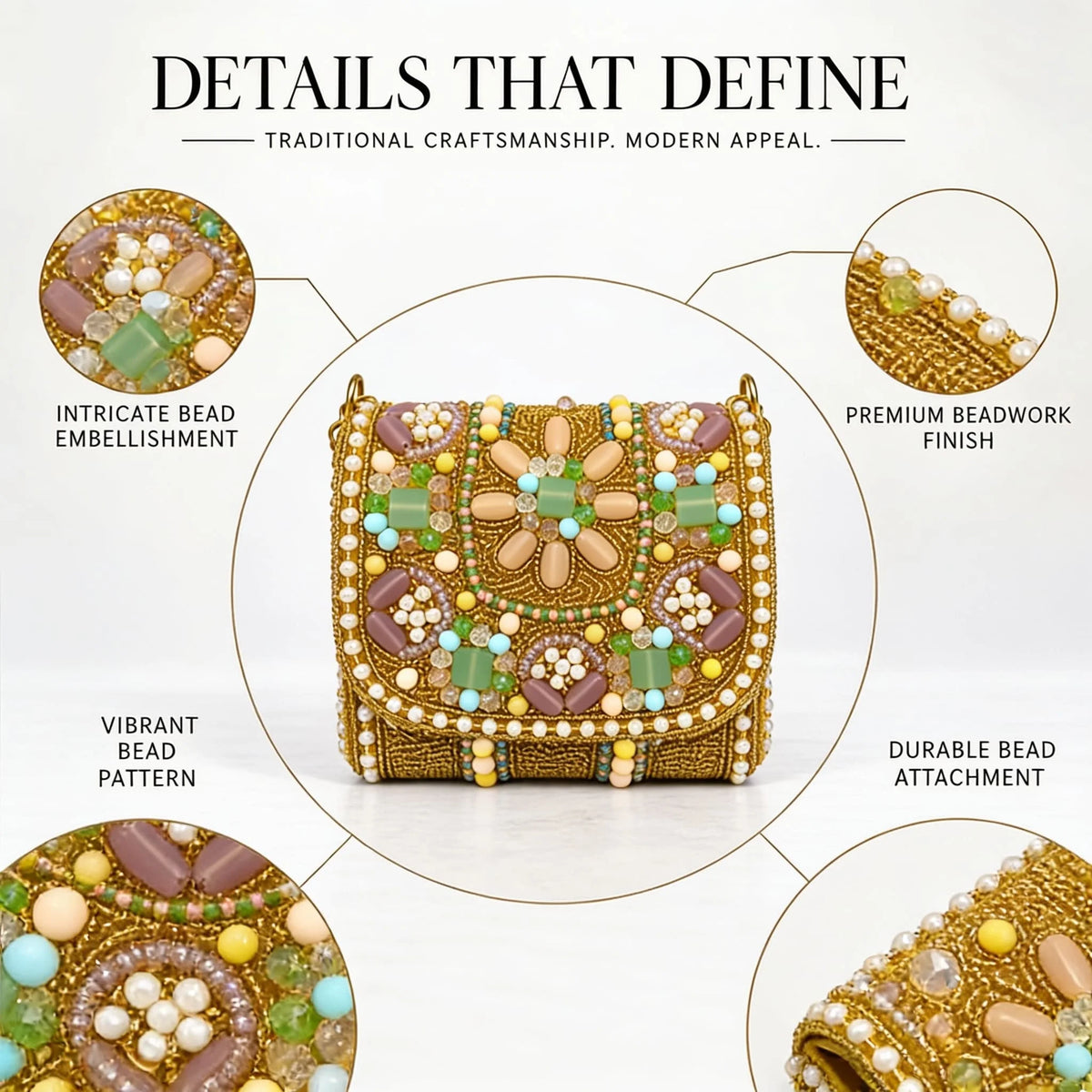 Gold hand-embroidered mini flap bag with intricate details, from THE TAN CLAN's Basra collection.