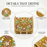 Gold hand-embroidered mini flap bag with intricate details, from THE TAN CLAN's Basra collection.