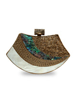 Lynn Golden Brass Clutch by The Tan Clan featuring a sleek, metallic gold design with a compact, stylish silhouette.