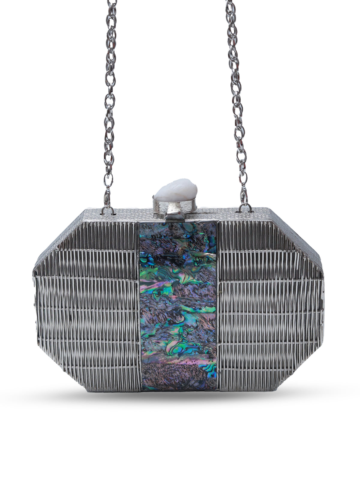Silver mother of pearl clutch bag by The Tan Clan featuring a sleek design and elegant finish.