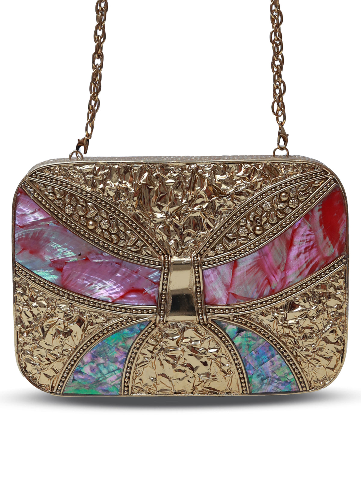Naina Mother of Pearl Clutch by The Tan Clan, elegant evening handbag with iridescent Mother of Pearl surface and sleek design.