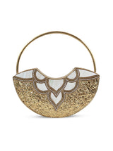 Sasha brass clutch with handle from The Tan Clan, featuring a sleek metallic design and elegant wrist strap.